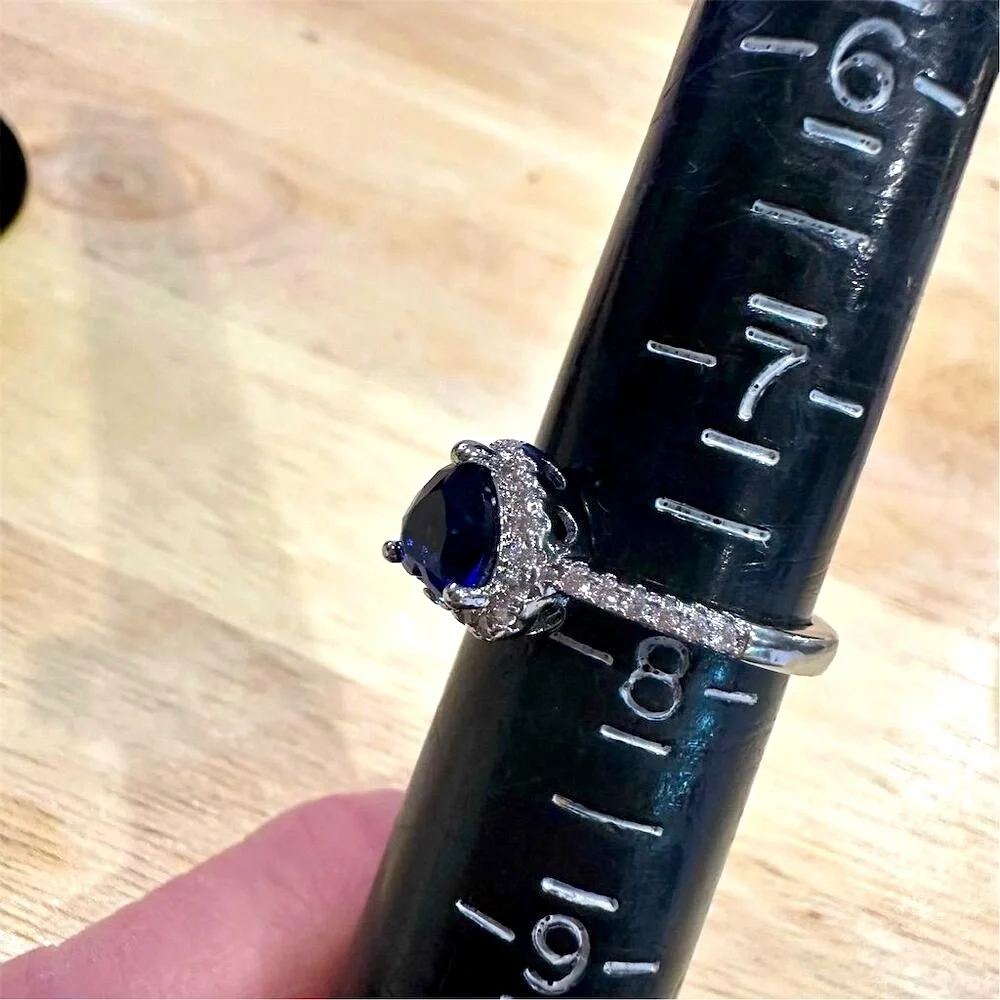 Simulated‎ Sapphire Heart Halo Ring 925 Sterling Silver Size 7.75